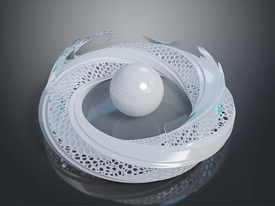 Modern White Sphere Surrounded By Complex Hollow Ring Structure With Wing Like Design Elements 3d model