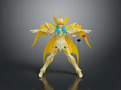 Golden Decorative Figure With Blue Hair Outstretched Arms Red Black Flowers 3d model