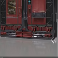 Red Scifi Mechanical Door Panel With Metal Frame And Display Screen