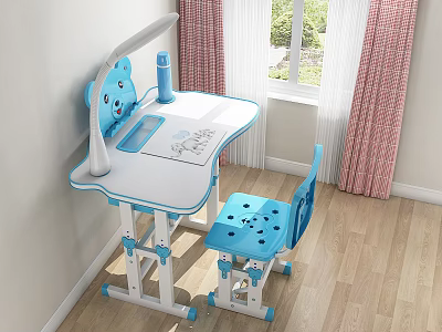 Kids Study Desk With Cartoon Bear Lamp Adjustable Height Chair And Window 3d model