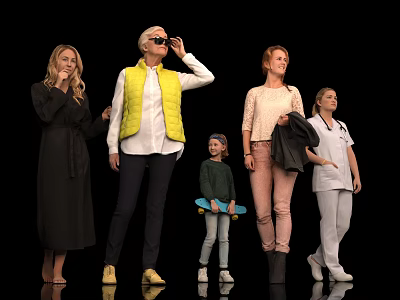 Women in Different Styles of Clothing with Little Girl and Skateboard on Black Background 3d model