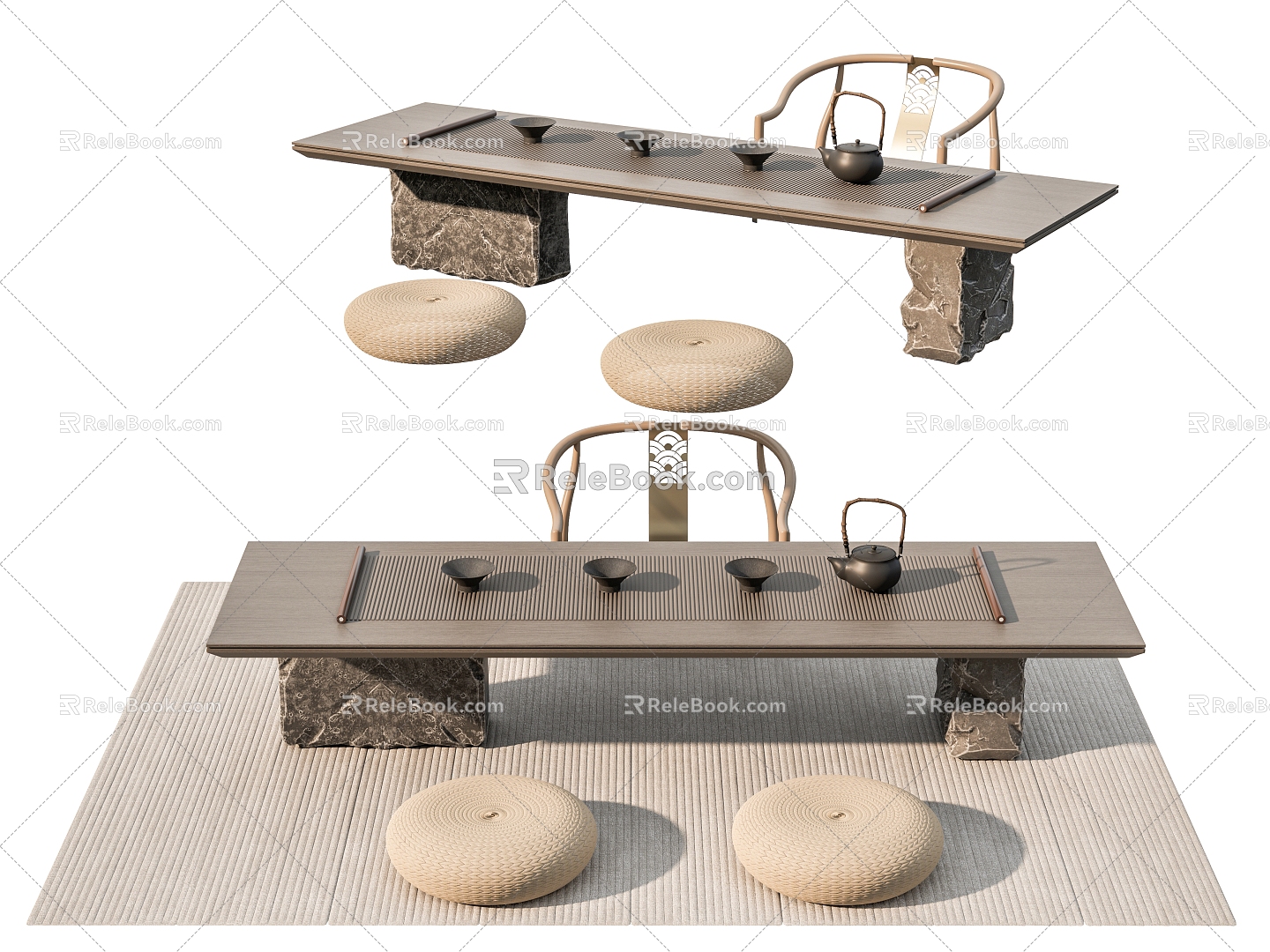 Modern New Chinese Tea Table and Chair Tea Table and Chair Tea Room Tea House Tea Table Tatami Tea Table Tea Set Cushion 3d model