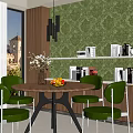 Modern Round Dining Table Set With Four Green Chairs Bookshelf And Decorative Items