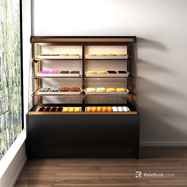 Modern Dessert Shop With Illuminated Black Display Case And Shelves Of Assorted Desserts 3d model 