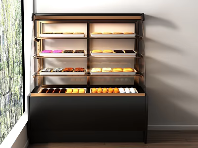 Modern Dessert Shop With Illuminated Black Display Case And Shelves Of Assorted Desserts 3d model