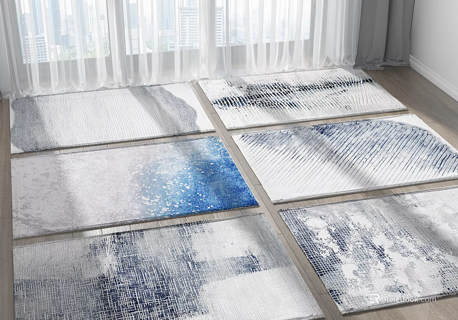 Modern Abstract Square Rugs With Blue White Gray Patterns And Textured Design 3d model 