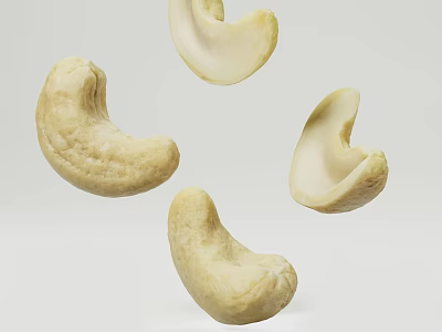 Healthy Fresh Natural Cashews Whole And Split Floating On White Background 3d model
