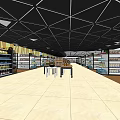 Spacious Modern Supermarket Retail Space With Shelves Stocked Full Of Products And Tile Floor Layout