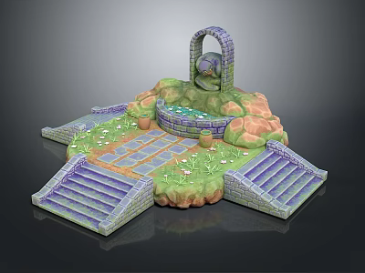 Stone Building Structure With Steps Archway Water Pool Stone Pavement And Greenery 3d model
