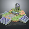Stone Building Structure With Steps Archway Water Pool Stone Pavement And Greenery