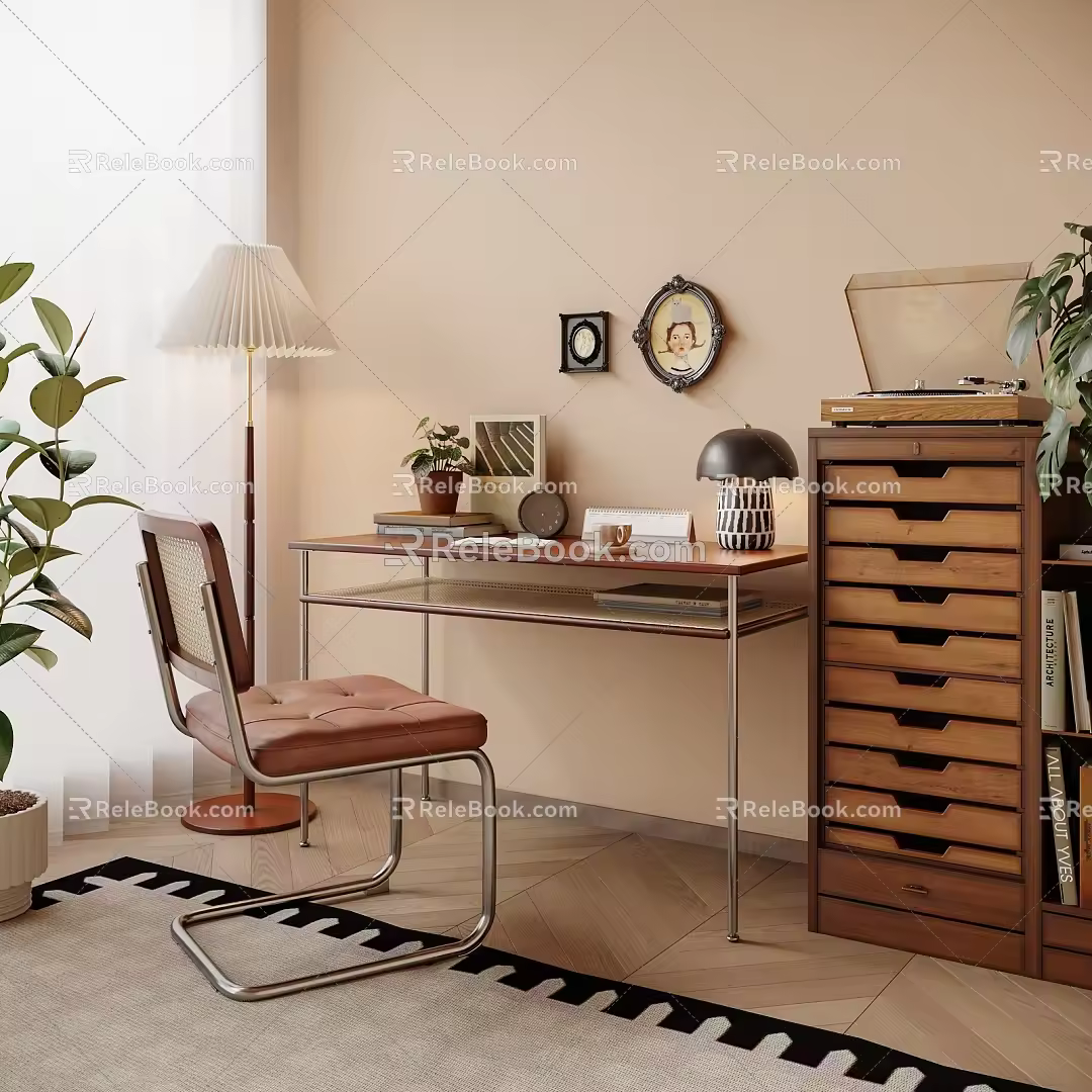 Quiet Desk and Chair Ancient Desk and Chair Combination Storage Cabinet Table Lamp Floor Lamp Hanging Picture Combination Ornaments Combination Floor Plant Carpet Dream Curtain 3d model