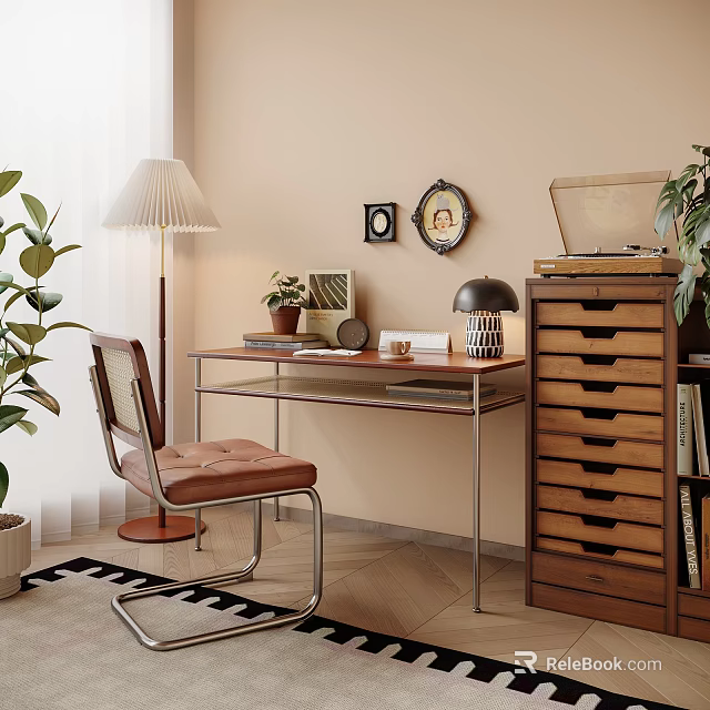 Cozy Desk Setup With Leather Chair Table Lamp Wall Decorations Potted Plant And Wooden Cabinet 3d model 