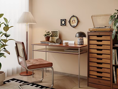 Cozy Desk Setup With Leather Chair Table Lamp Wall Decorations Potted Plant And Wooden Cabinet 3d model