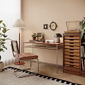 Quiet Desk and Chair Ancient Desk and Chair Combination Storage Cabinet Table Lamp Floor Lamp Hanging Picture Combination Ornaments Combination Floor Plant Carpet Dream Curtain 3d model