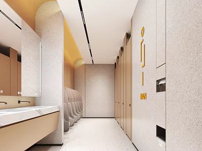 Public Restroom Interior Design With Modern Stalls Sinks Mirrors And Lighting 3d model