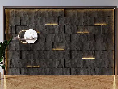 Dark Stone Tile Accent Wall With Embedded LED Lights Gold Frame Green Plant Herringbone Floor 3d model