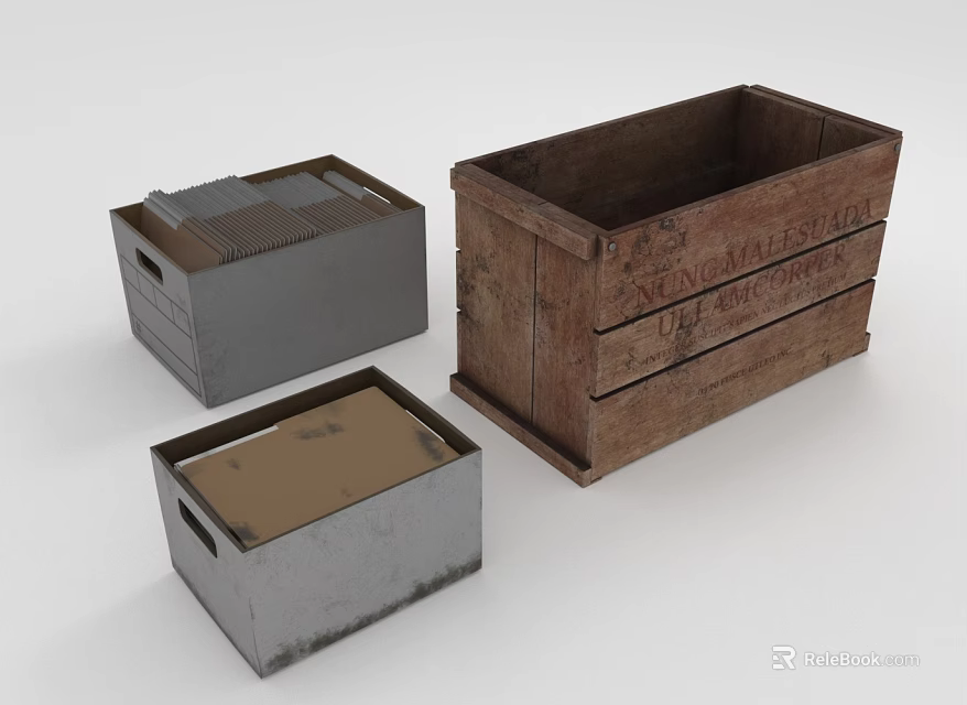 Different Types Of Storage Crates With Wooden Metal And Brown Containers 3d model 