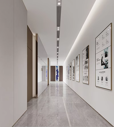 Modern Office Corridor With Well Lit Ceiling Wall Art And Sleek Marble Flooring 3d model