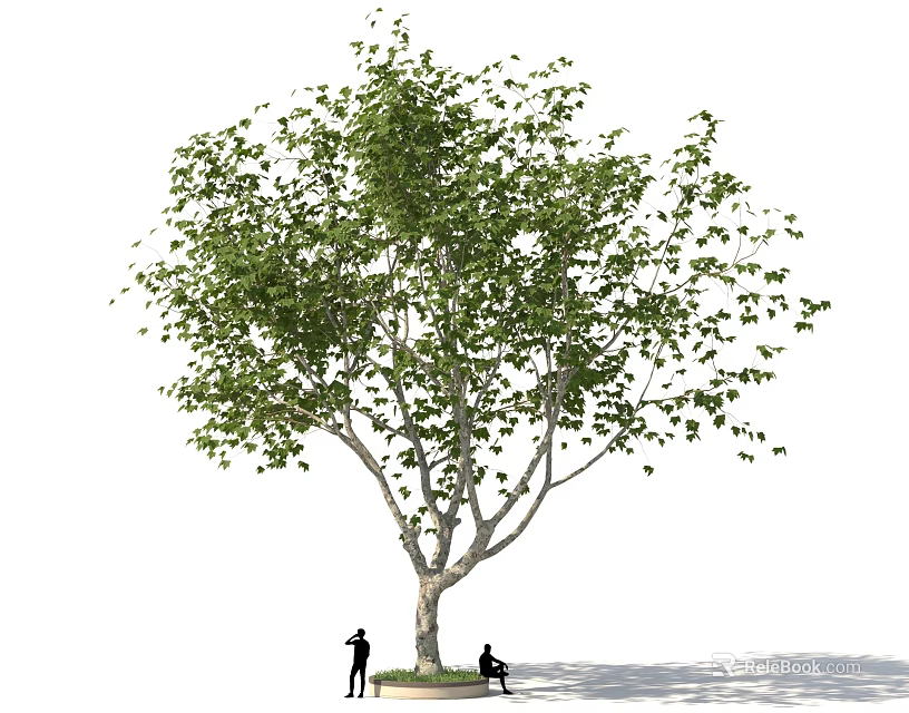Tall Green Tree With Two People Standing And Sitting Underneath 3d model 