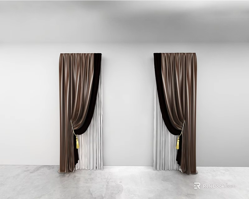 Elegant Double Layer Curtains in Brown and White with Tassel Decoration for Interior Room 3d model 