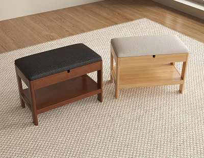 Two Wooden Benches With Padded Seats On Woven Rug In Room With Wooden Floor 3d model