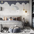 Bright Kids Room With Star Cloud Wall Bed Desk Chair Hanging Lights And Toys
