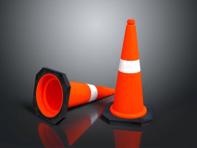 Orange Traffic Cones With White Stripes And Black Bases Standing And Tilted 3d model