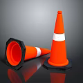 Orange Traffic Cones With White Stripes And Black Bases Standing And Tilted