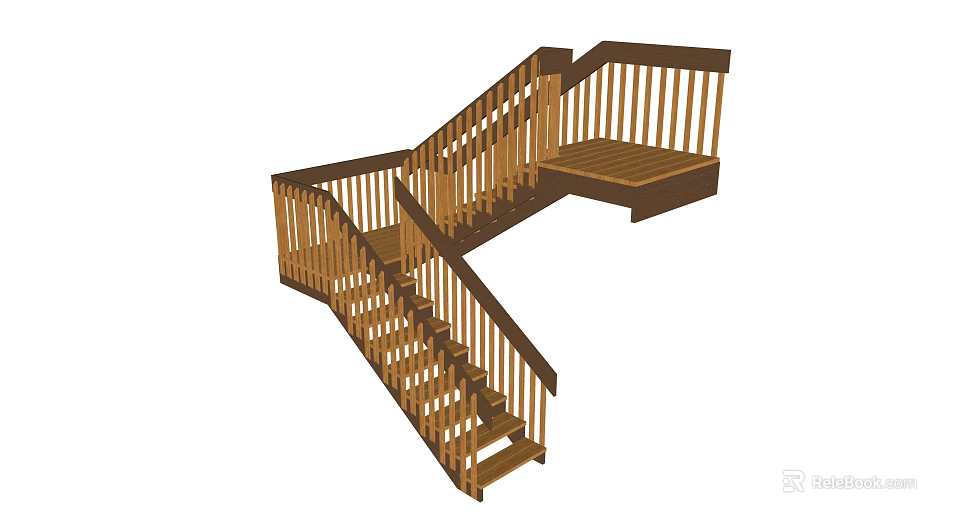 Wooden Staircase Design With Brown Handrail And Landing Platform Sturdy Steps For Home Interior 3d model 