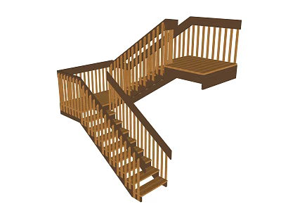 Wooden Staircase Design With Brown Handrail And Landing Platform Sturdy Steps For Home Interior 3d model