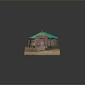 Traditional Nomadic Shelter Model With Green Roof Yurt And Red Wooden Cabin