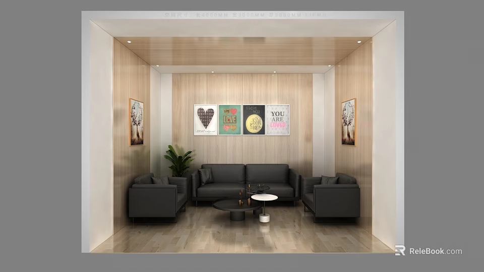 Lounge Area Interior With Black Sofas Coffee Table Decorative Paintings And Green Plant 3d model 