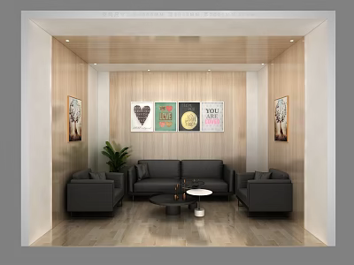 Lounge Area Interior With Black Sofas Coffee Table Decorative Paintings And Green Plant 3d model