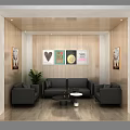 Lounge Area Interior With Black Sofas Coffee Table Decorative Paintings And Green Plant