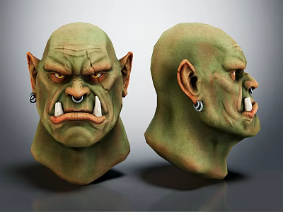 Orc Monster Character Head With Green Skin Fangs Earrings And Angry Expression Two Views 3d model