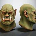 Orc Monster Character Head With Green Skin Fangs Earrings And Angry Expression Two Views