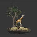 Spotted Giraffe Standing Under Green Leaf Tree On Circular Natural Base With Grass And Log