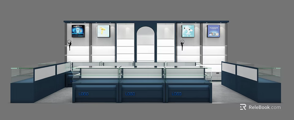 Modern Shopping Mall Store Interior With Glass Display Counters Blue Counters And Wall Digital Screens 3d model 