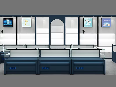 Modern Shopping Mall Store Interior With Glass Display Counters Blue Counters And Wall Digital Screens 3d model