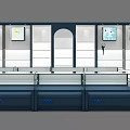 Modern Shopping Mall Store Interior With Glass Display Counters Blue Counters And Wall Digital Screens