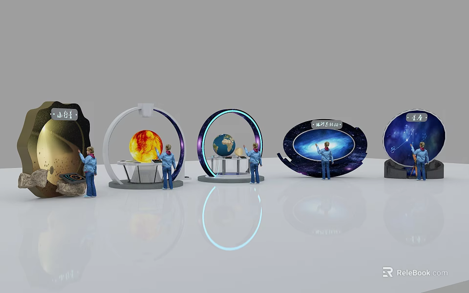 Open Interactive Zone With Solar System Exhibits Earth Model Displays And Visitor Interaction 3d model 