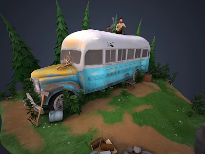 Vintage Blue And White 142 Bus Parked In Wooded Area Green Trees Person On Top 3d model