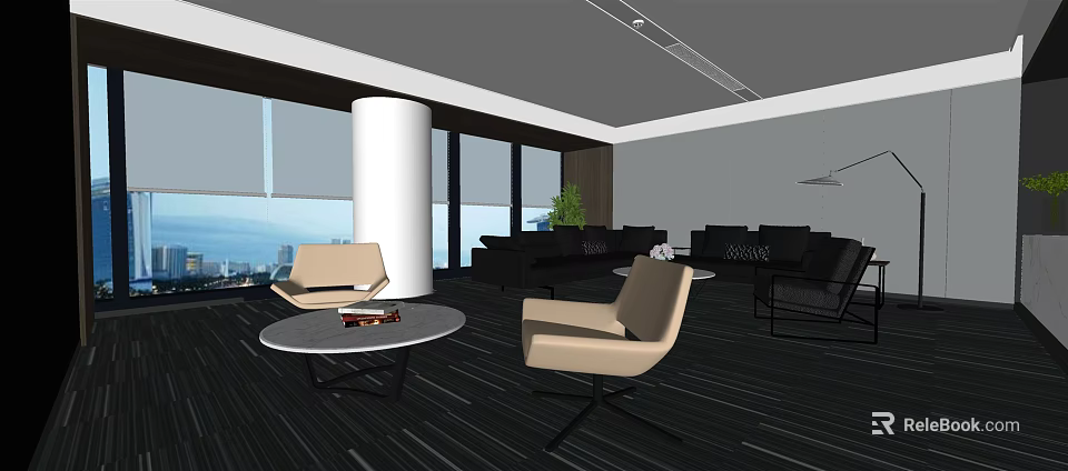 Modern Lounge Area With Black Sofa Armchairs Round Coffee Table And Large Windows 3d model 