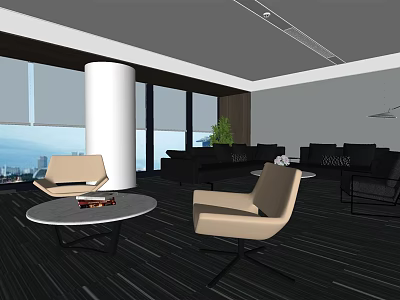 Modern Lounge Area With Black Sofa Armchairs Round Coffee Table And Large Windows 3d model