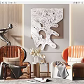 Elegant Modern Leisure Sofa Set With Orange Brown Chairs Abstract Wall Art And Decorative Sculpture