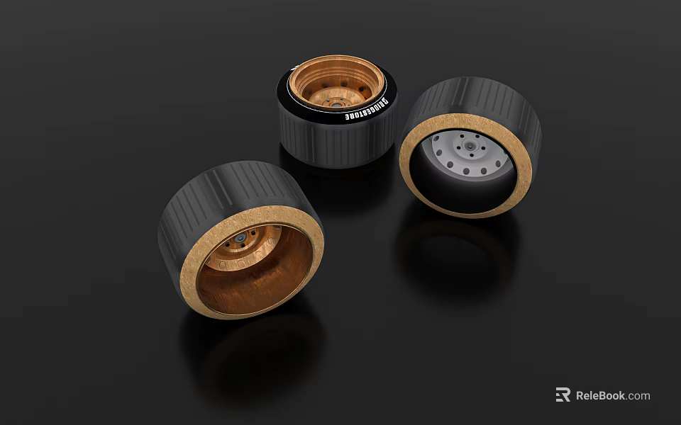 Premium Black Tires With Shiny Brass Rims And Textured Tread Design 3d model 