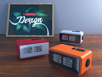 Red Silver Orange Alarm Clocks Displaying 1235 Time On Wooden Tabletop With Tropical Design Poster 3d model