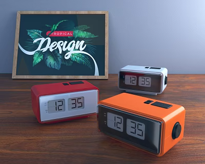 Red Silver Orange Alarm Clocks Displaying 1235 Time On Wooden Tabletop With Tropical Design Poster 3d model