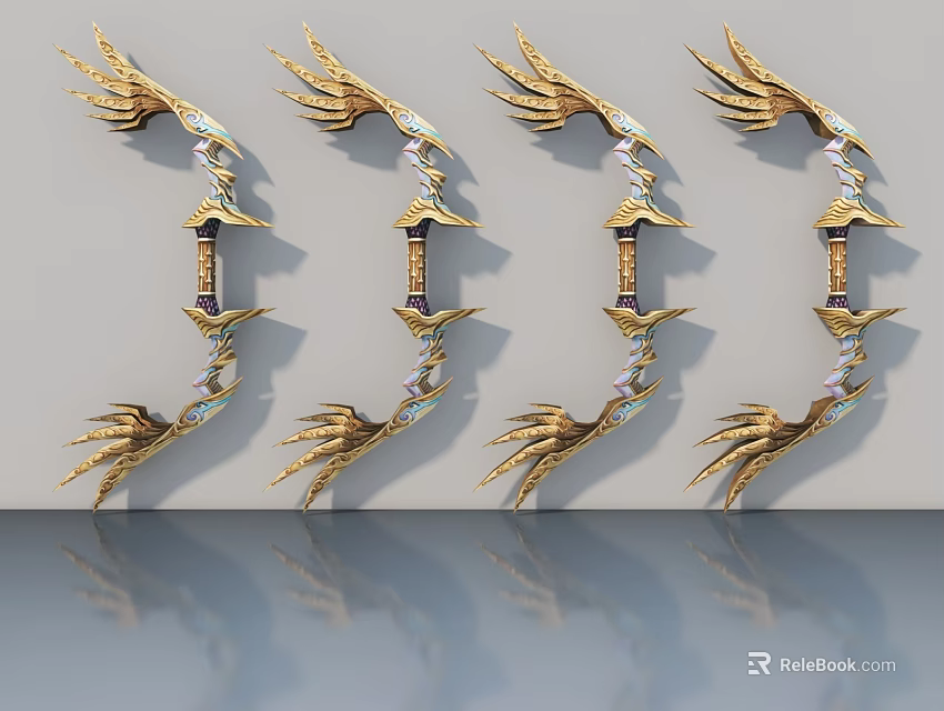 Four Golden Feather Decorated Hinged Door Handles On Grey Reflective Surface 3d model