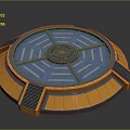 Futuristic Circular Platform With Orange Rim Blue Glowing Lines And Central Emblem